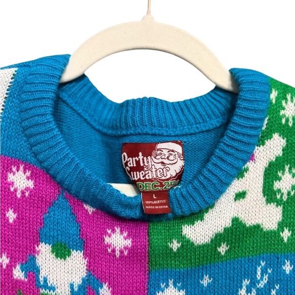 Party Sweater December 25th Vintage Neon Patchwork Ugly Christmas Sweater L - Picture 4 of 7
